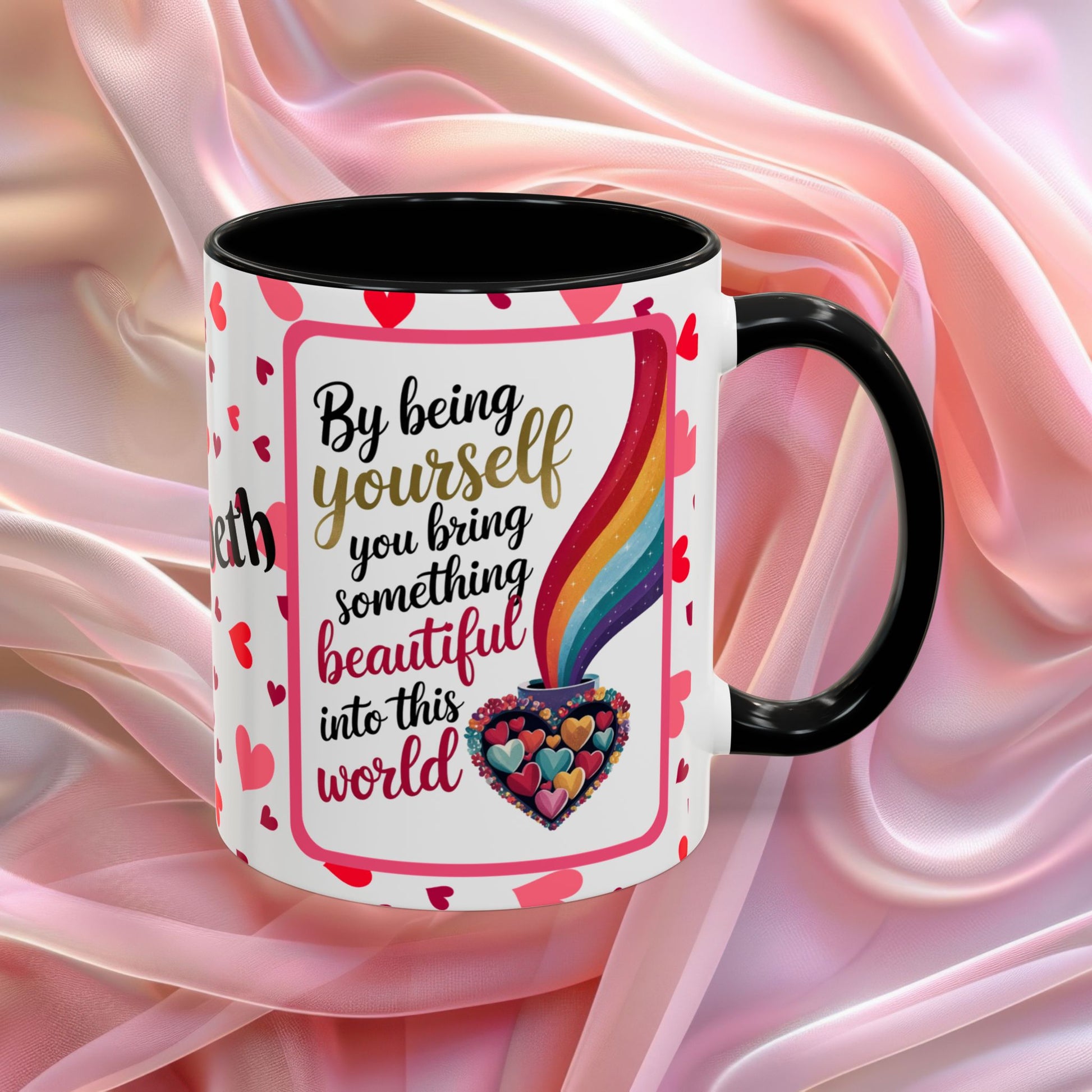 By Being Yourself Valentines mug featuring encouraging words, self love Valentine coffee cup design