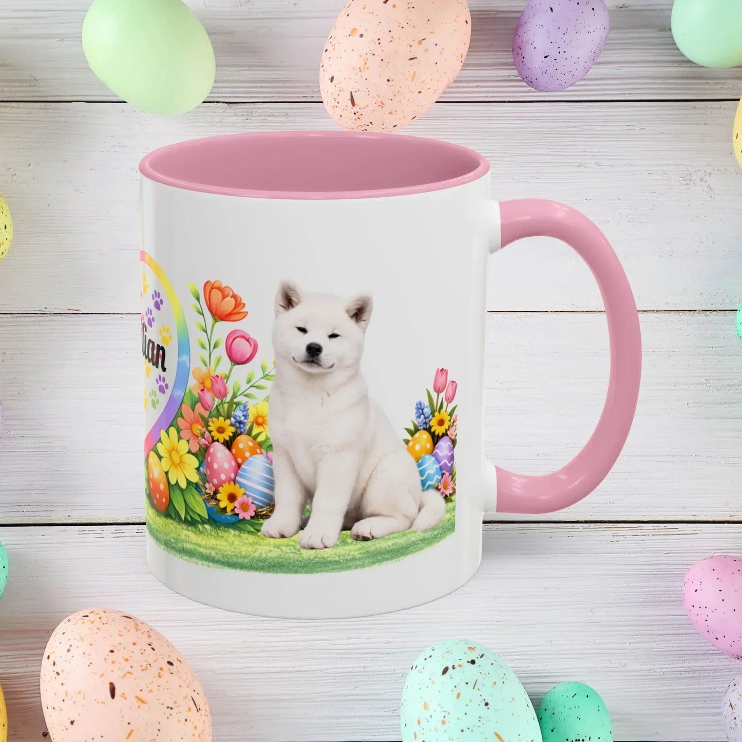 Shop our akita white puppy easter mug featuring the 11oz style option from MySisterIsASurvivor.