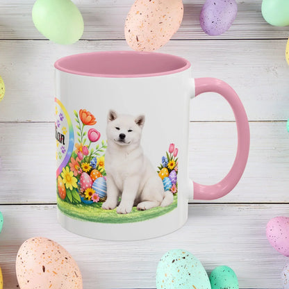 Shop our akita white puppy easter mug featuring the 11oz style option from MySisterIsASurvivor.