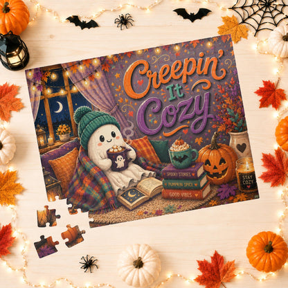 Creepin It Cozy Halloween Puzzle - Ghost in Beanie Reading by Candlelight with Pumpkin Spice Books