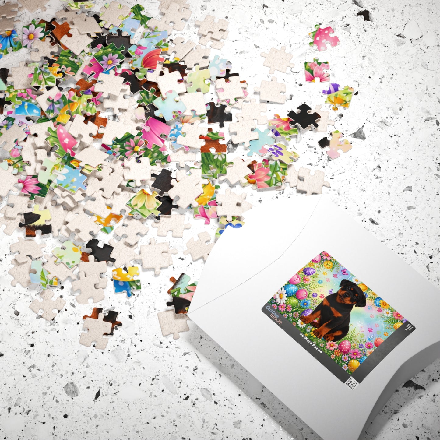 Rottweiler (Black & Rust) Easter Puppy Puzzle - Spring Garden with Eggs, Tulips, and Daisies