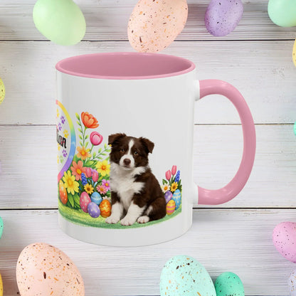Shop our border collie chocolate white puppy easter mug featuring the 11oz style option from MySisterIsASurvivor.