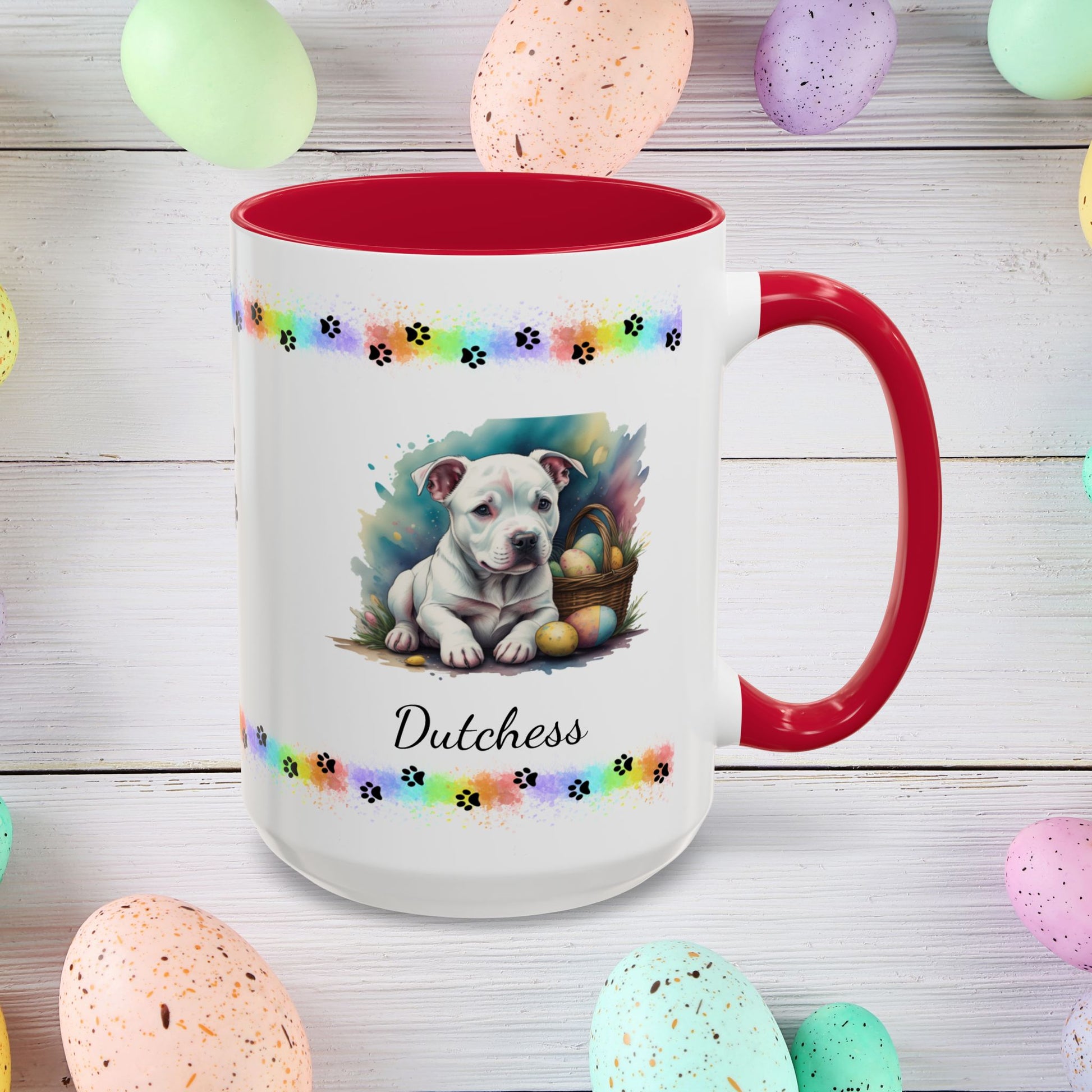 Pitbull (White): Personalized Easter Puppy Coffee Mug - Adorable Dog Design, Mental Health Gift, 11oz & 15oz, 12 Color Choices, Easter Gifts & Décor