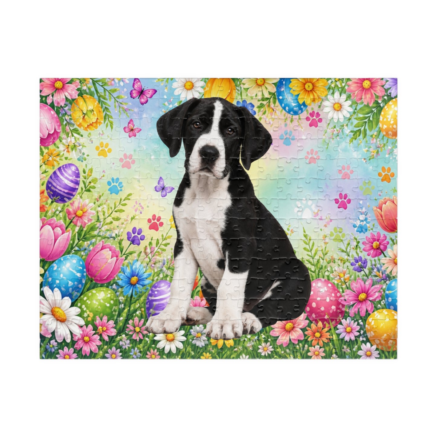Great Dane (Mantle) Easter Puppy Puzzle - Spring Garden with Eggs, Tulips, and Daisies