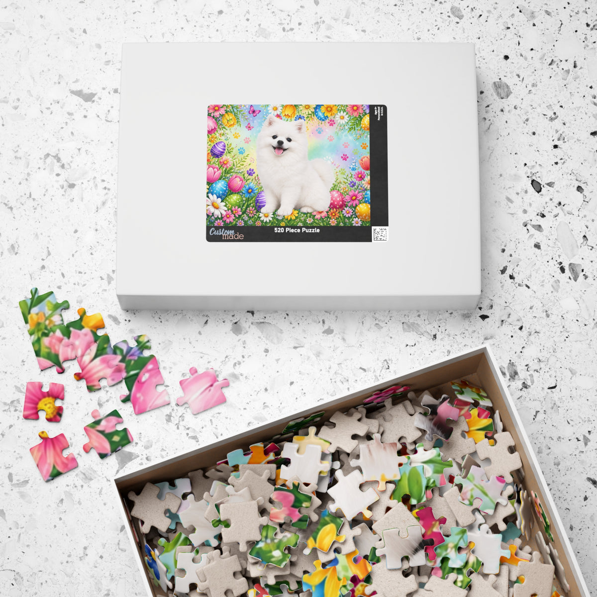 Pomeranian (White) Easter Puppy Puzzle - Spring Garden with Eggs, Tulips, and Daisies