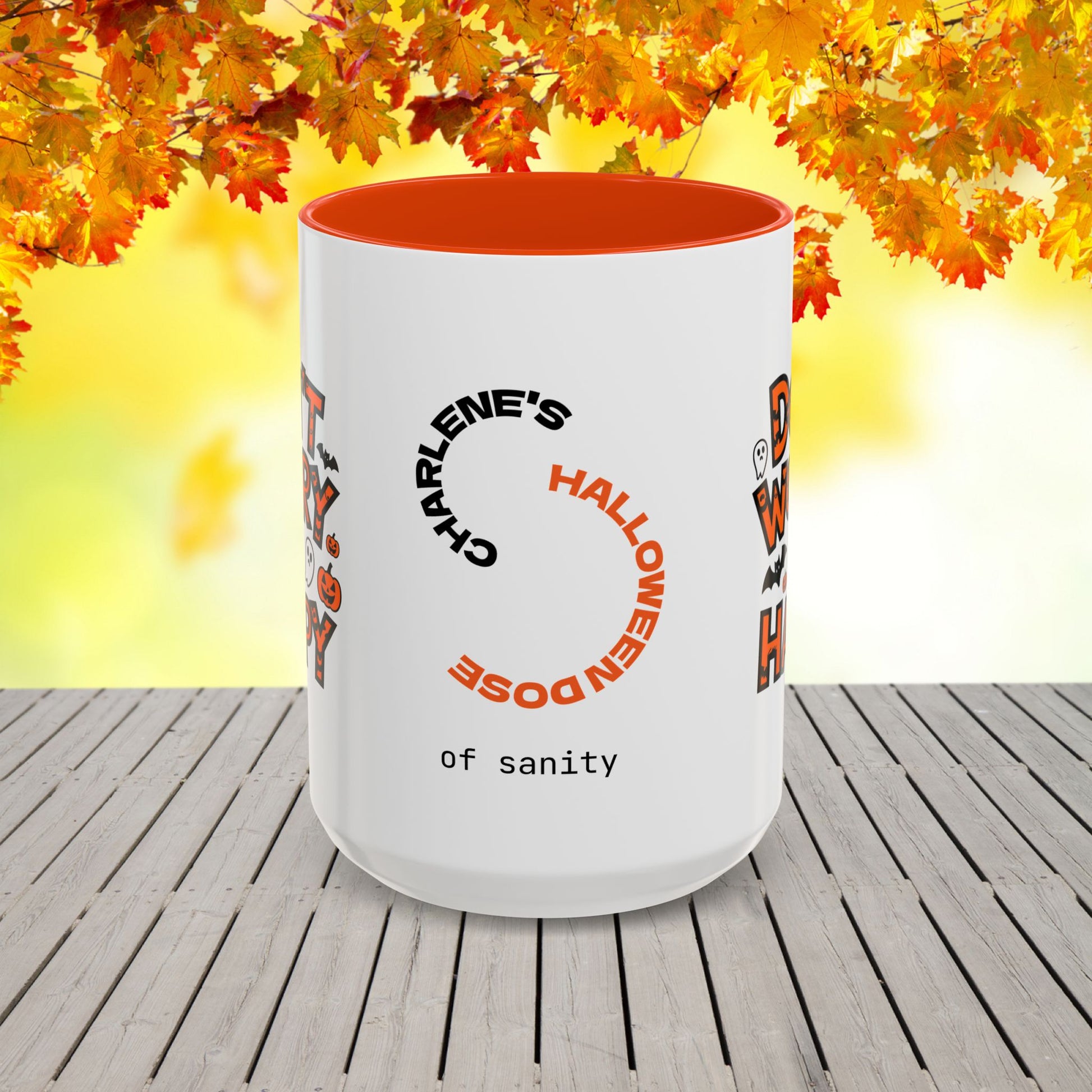 Don't Worry, Be Happy Halloween Mug -custom name coffee cup with cheerful uplifting quote