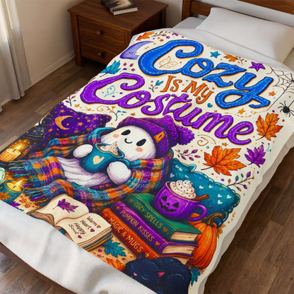 Cozy Is My Costume Velveteen Blanket - Ghost with Warm Heart Happy Soul Journal and Cozy Spells Books