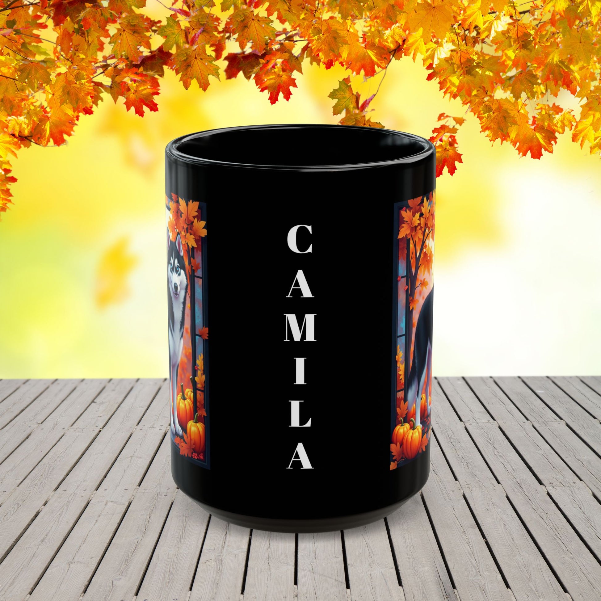 Black & White Husky (Blue Eyes) fall coffee cup, custom gift for Husky parents, dog lovers, or pet enthusiasts