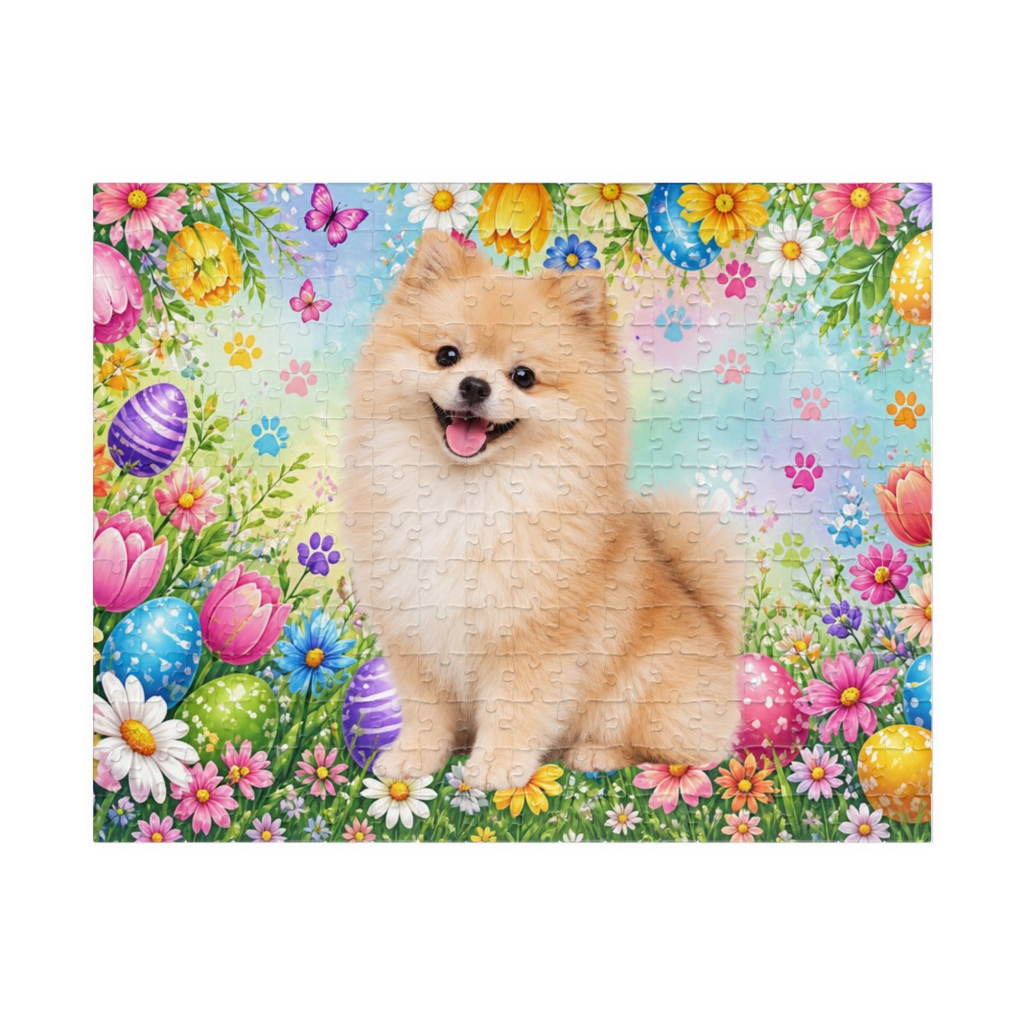 Pomeranian (Cream Sable) Easter Puppy Puzzle - Spring Garden with Eggs, Tulips, and Daisies