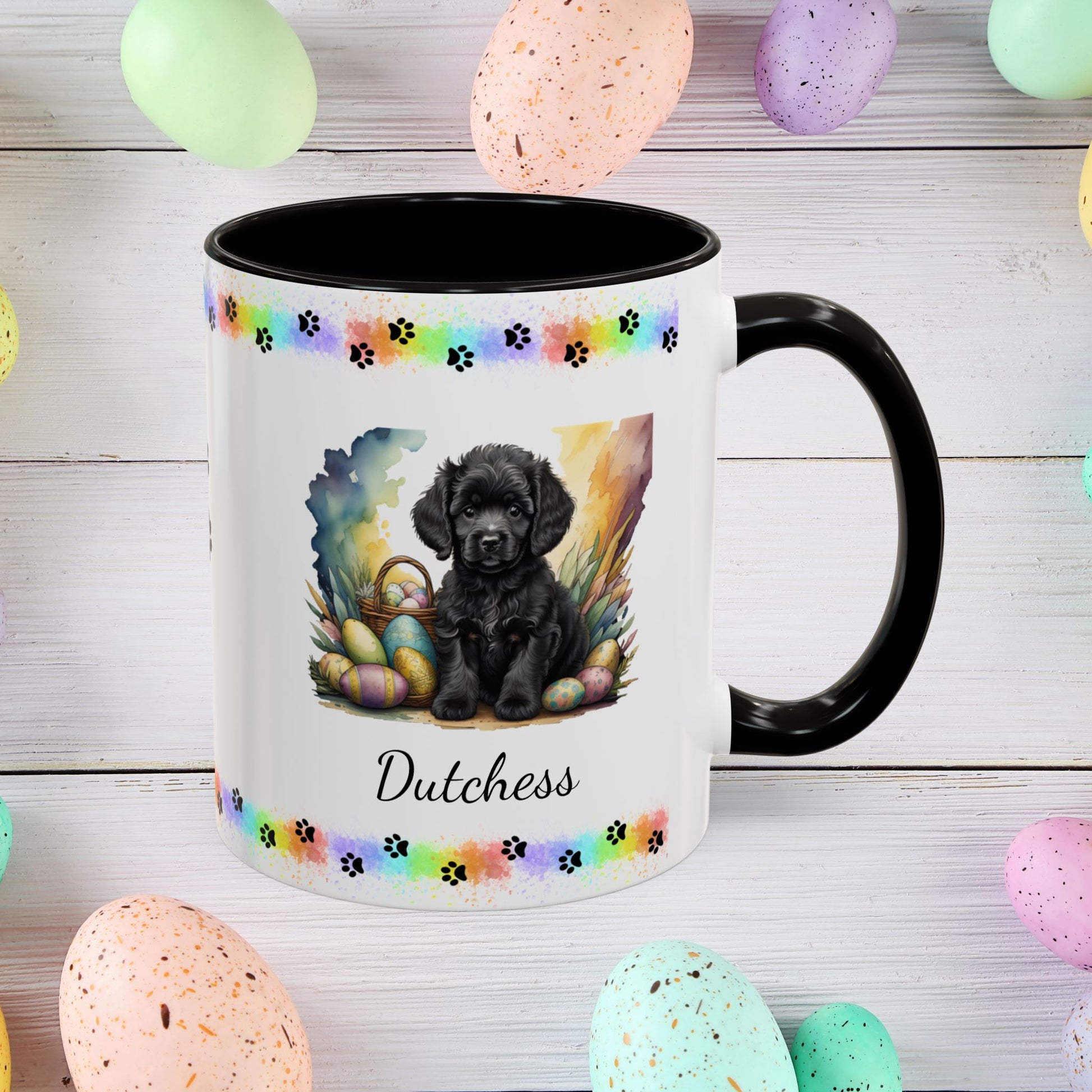 Poodle (Black): Personalized Easter Puppy Coffee Mug - Adorable Dog Design, Mental Health Gift, 11oz & 15oz, 12 Color Choices, Easter Gifts & Décor