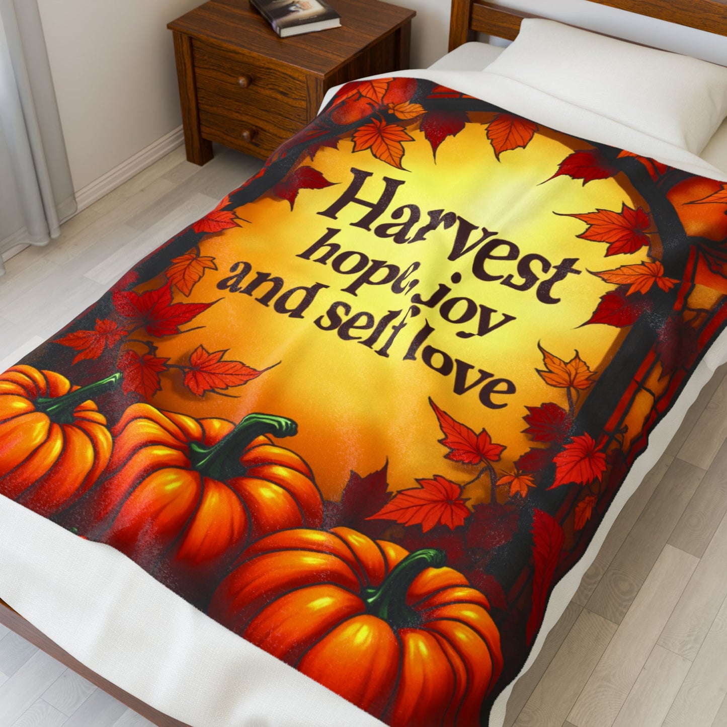 Inspirational blanket with “Harvest Hope, Joy, and Self-Love,” cozy Thanksgiving mindfulness design.