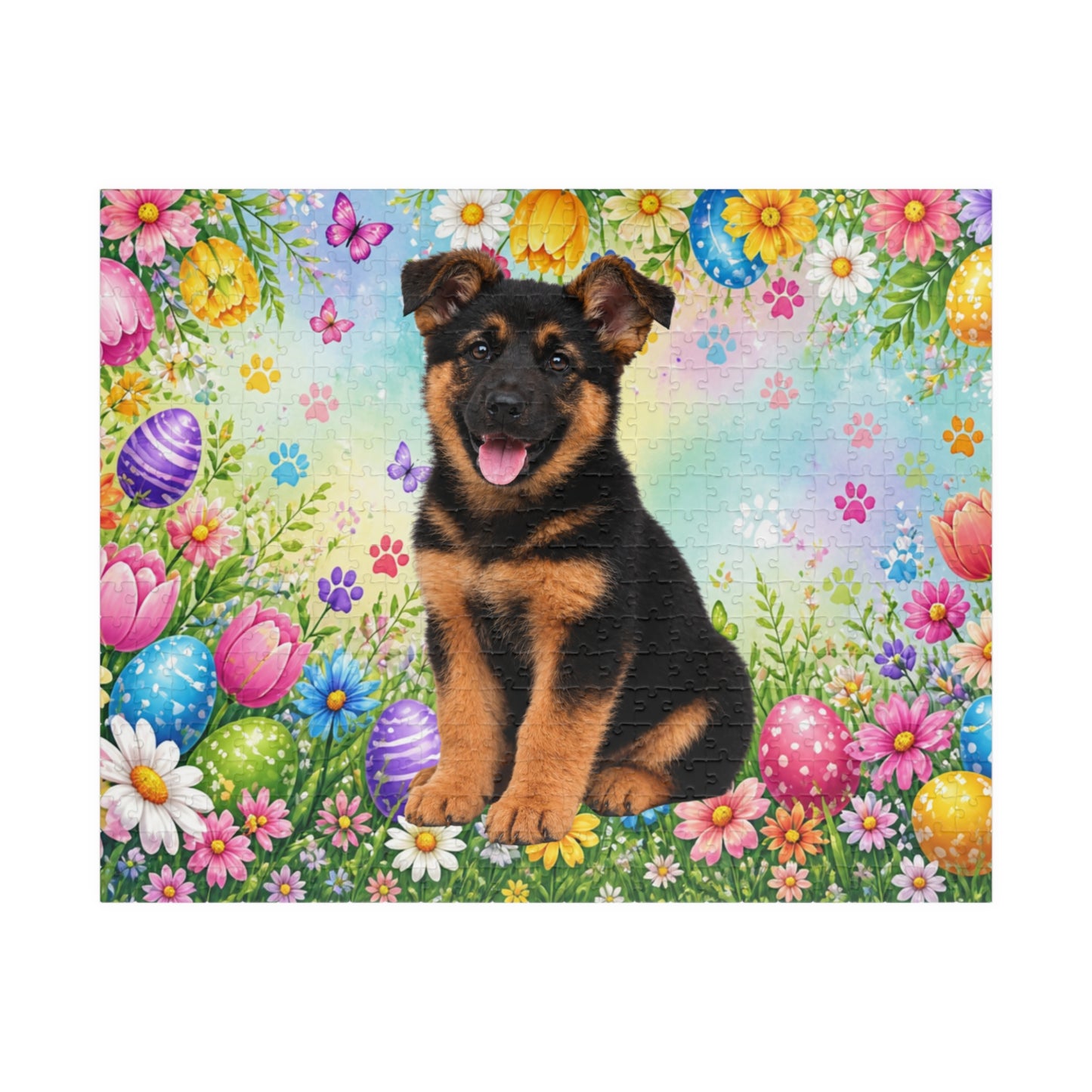 German Shepherd (Black & Red) Easter Puppy Puzzle - Spring Garden with Eggs, Tulips, and Daisies