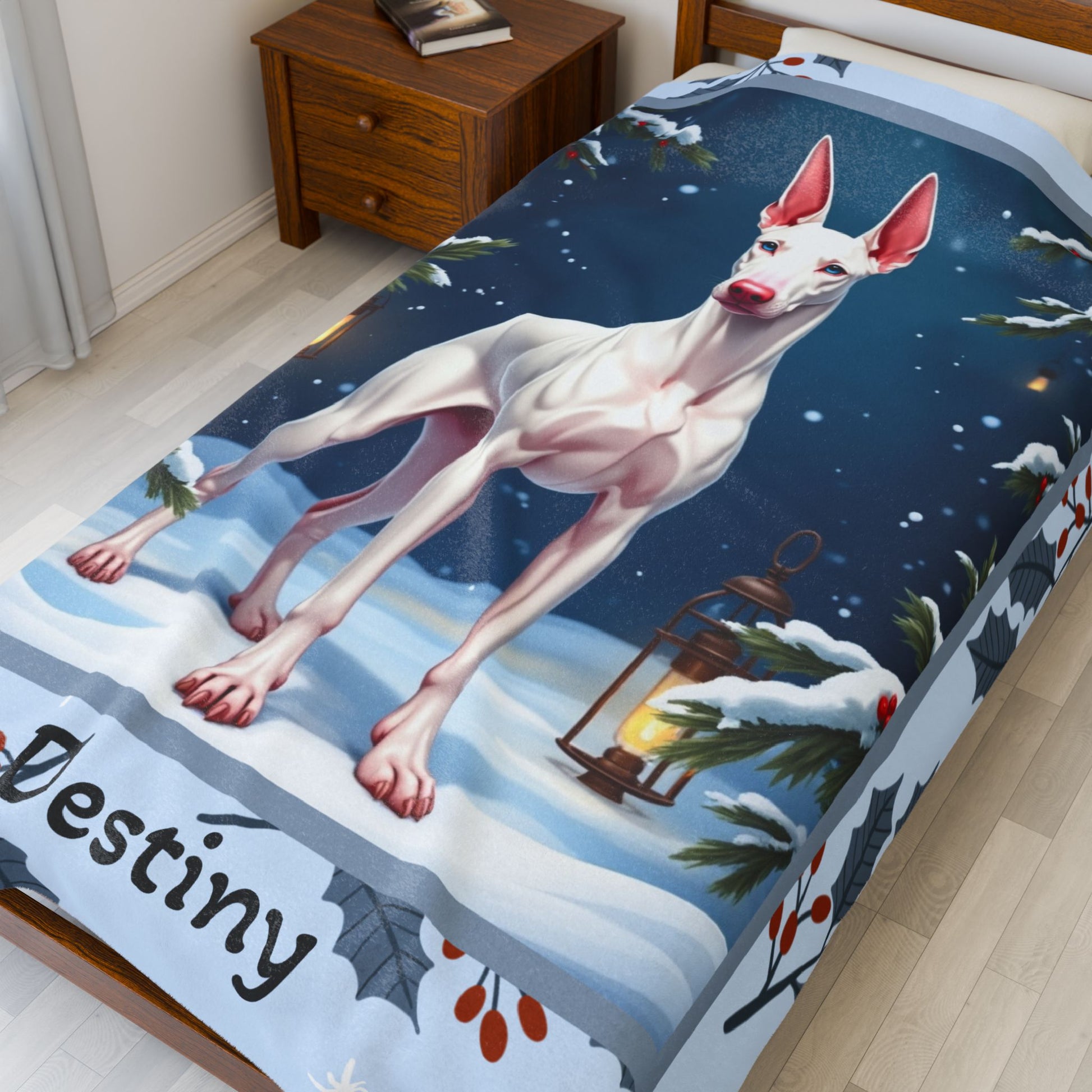 Doberman White personalized winter Doberman blanket with crisp white coat artwork in a cozy winter lodge scene