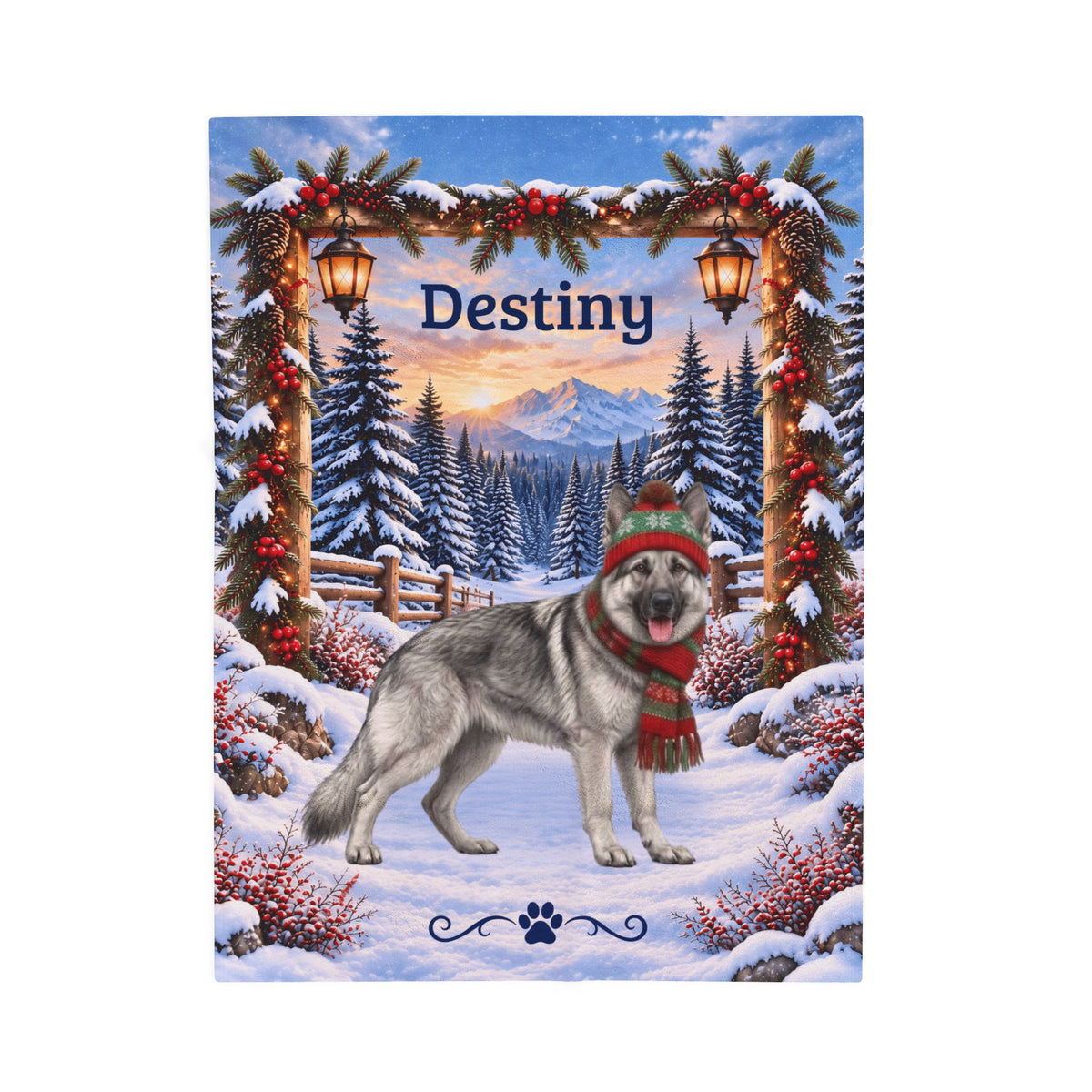 German Shepherd (Silver Sable) - Personalized Snowy Pines Blanket, Custom Name Velveteen Throw - MySisterIsAsurvor