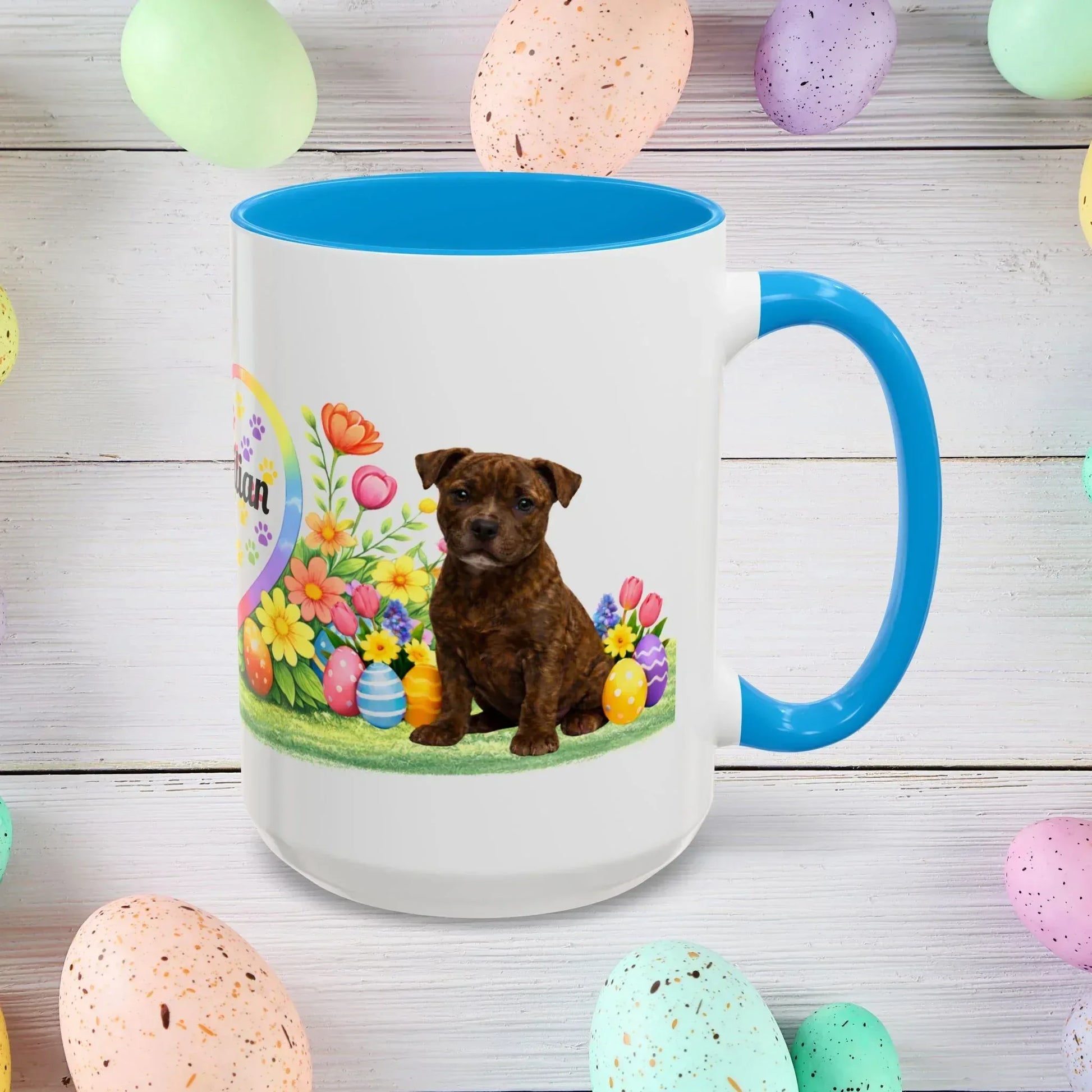 Shop our pitbull brindle puppy easter mug featuring the 15oz style option from MySisterIsASurvivor.