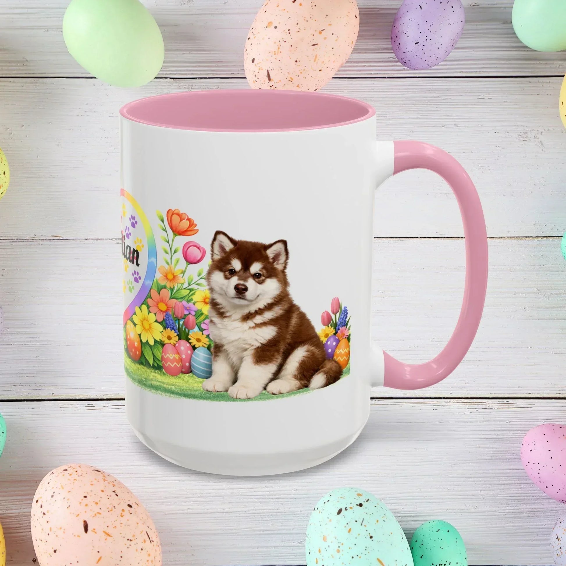 Shop our alaskan malamute red white puppy easter mug featuring the 15oz style option from MySisterIsASurvivor.