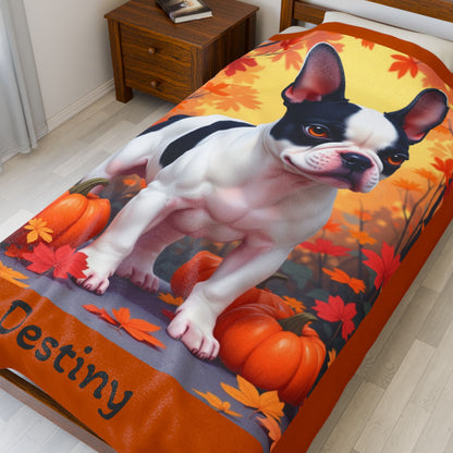 Black Pied French Bulldog velveteen plush blanket, custom dog throw for Frenchie fans and pet gifts - MySisterIsASurvivor