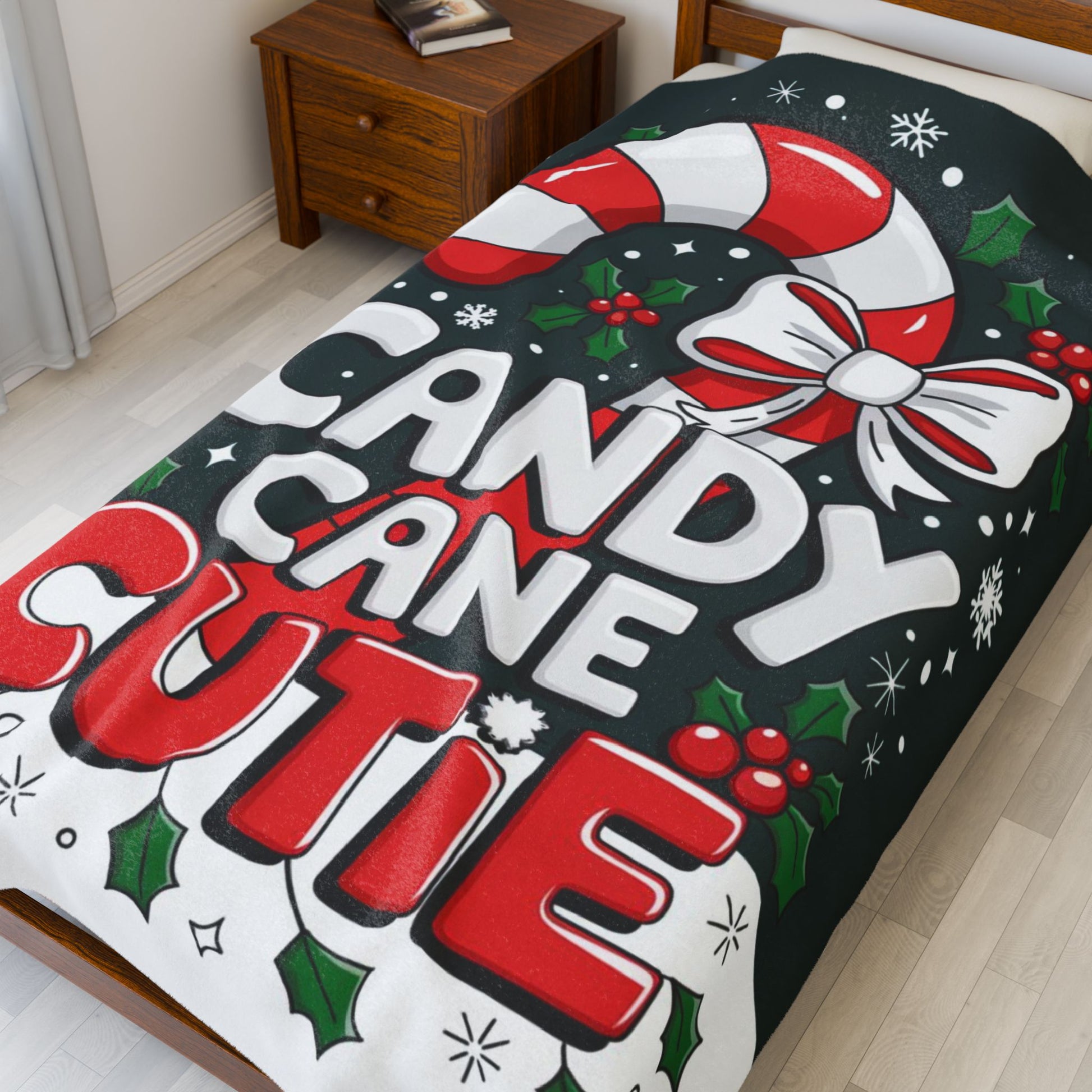 Cute Christmas blanket “Candy Cane Cutie” with fun holiday design, cozy festive throw for winter nights