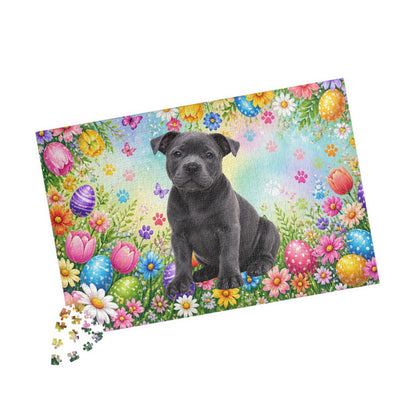 Pitbull (Blue) Easter Puppy Puzzle - Spring Garden with Eggs, Tulips, and Daisies
