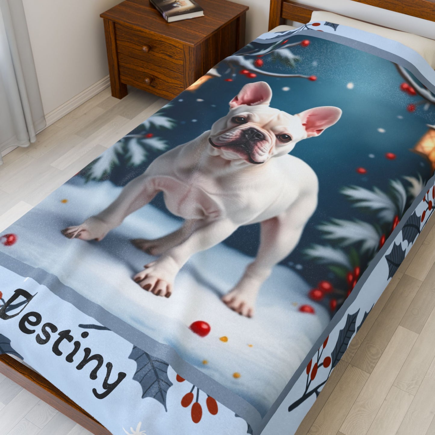 French Bulldog White custom winter blanket featuring a Frenchie in a bright lodge-style winter illustration
