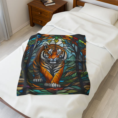 A fierce tiger blanket with stained glass-style art that combines power, color, and coziness.