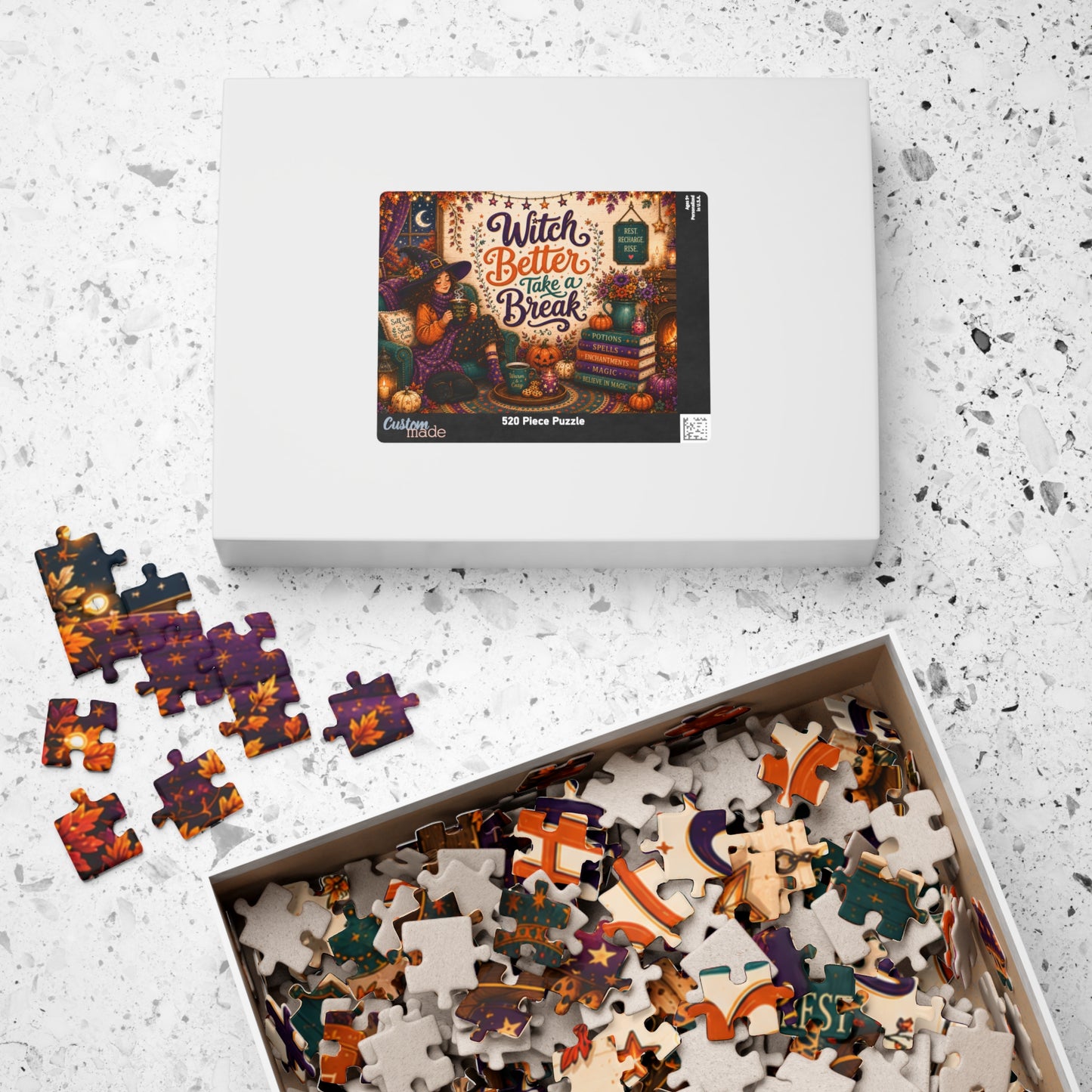 Witch Better Take a Break Halloween Puzzle - Witch in Armchair with Self Care is a Spell Pillow and Magic Books