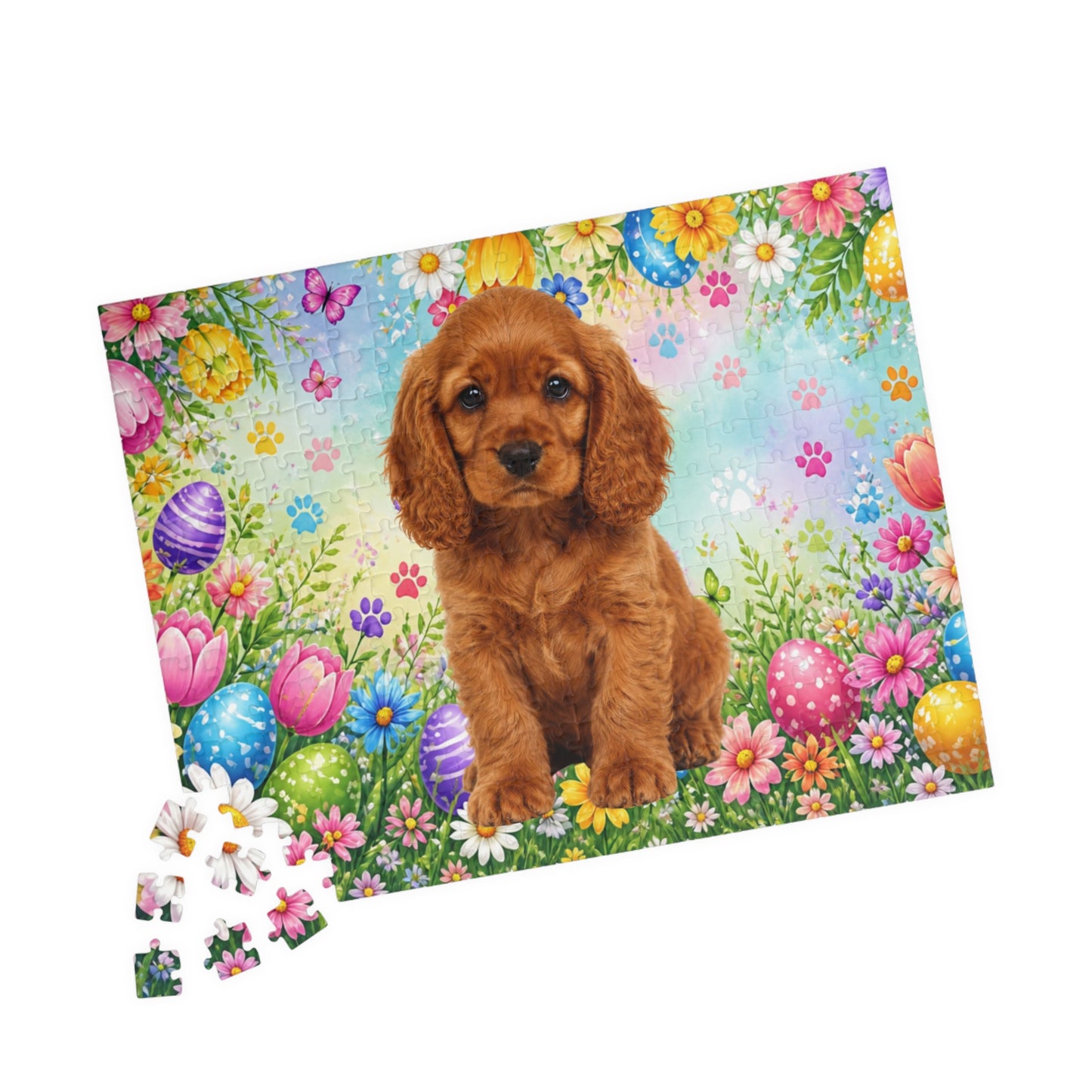American Cocker Spaniel (Red) Easter Puppy Puzzle - Spring Garden with Eggs, Tulips, and Daisies