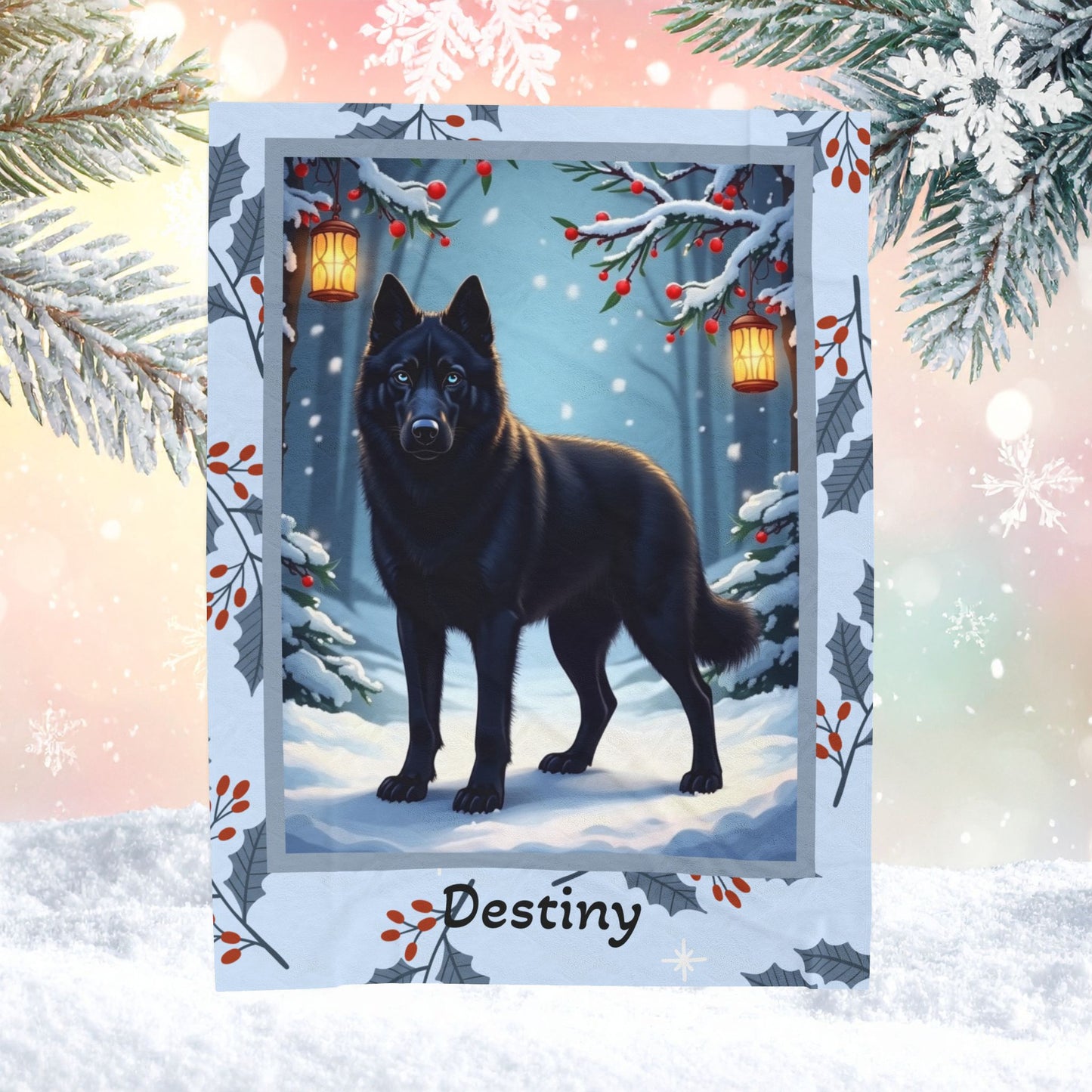 Husky Black custom winter blanket featuring a noble Husky standing in a bright illustrated winter lodge scene