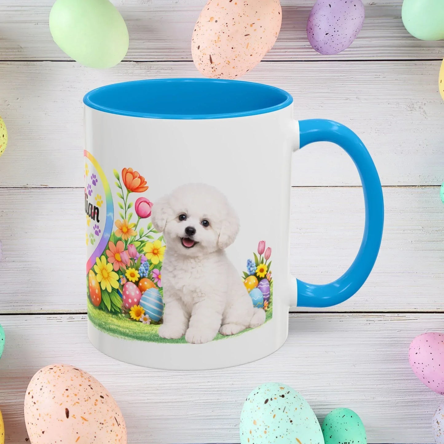 Shop our bichon frise puppy easter mug featuring the 11oz style option from MySisterIsASurvivor.