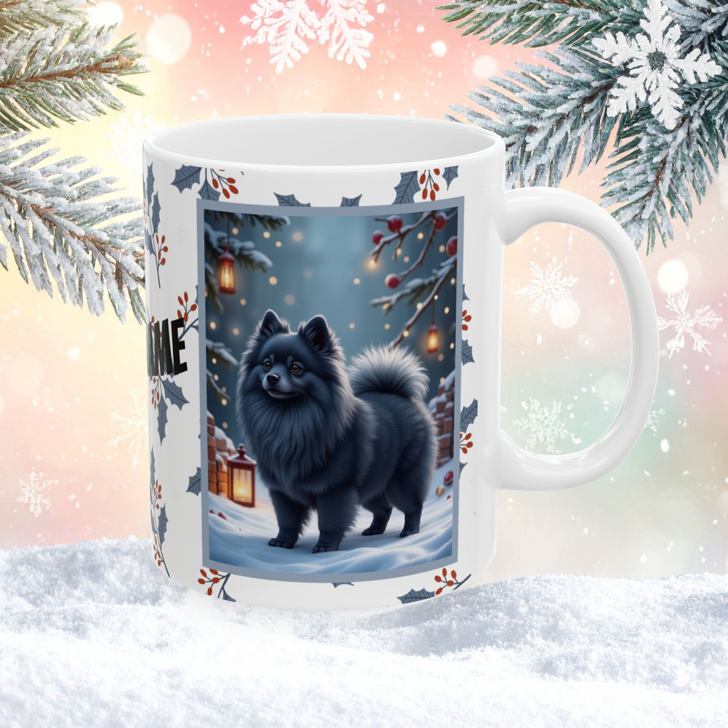 Pomeranian (Blue) Winter Mug - blue pomeranian illustrated standing in a winter scene with soft snow