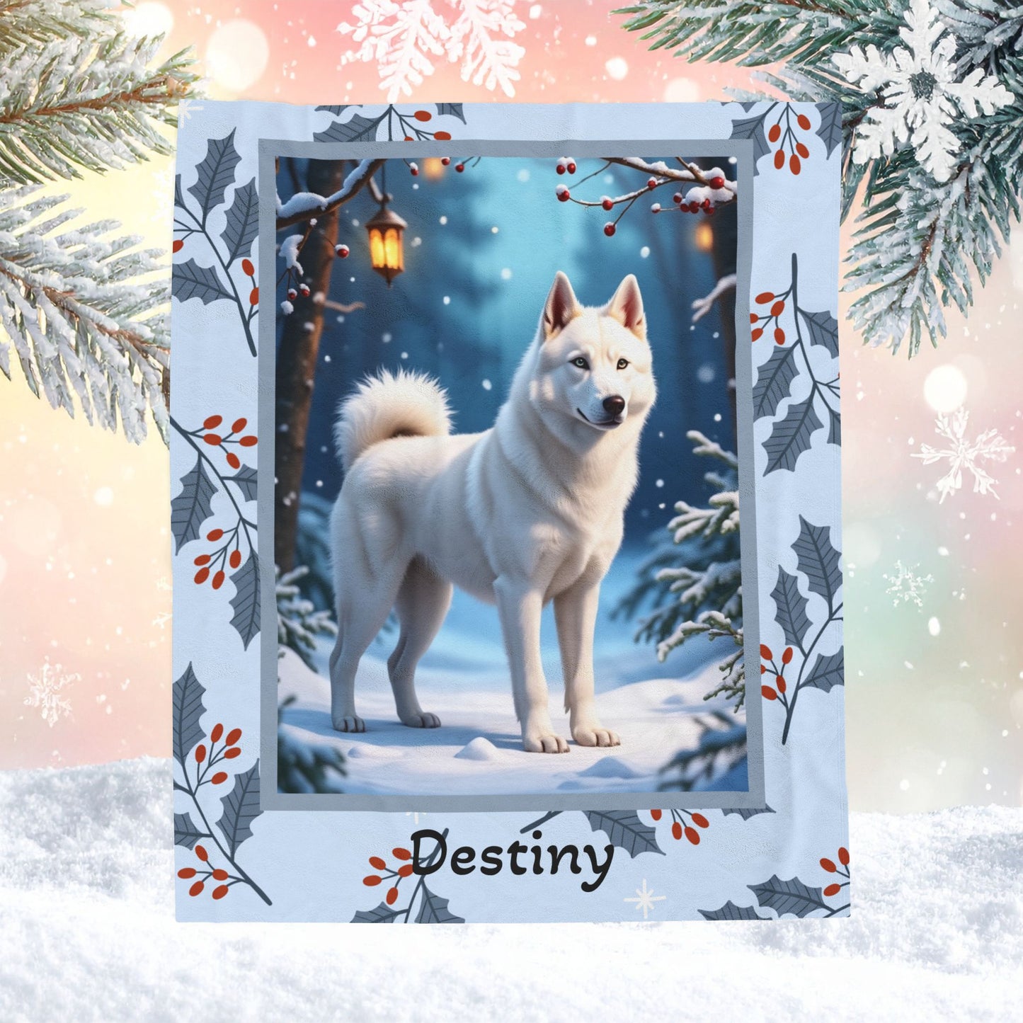 Husky White custom winter blanket showing a white Husky in a bright cheerful lodge winter illustration