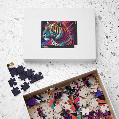 Majestic Mindfulness - Psychedelic Tiger Puzzle with Rainbow Mane and Deep Purple Background