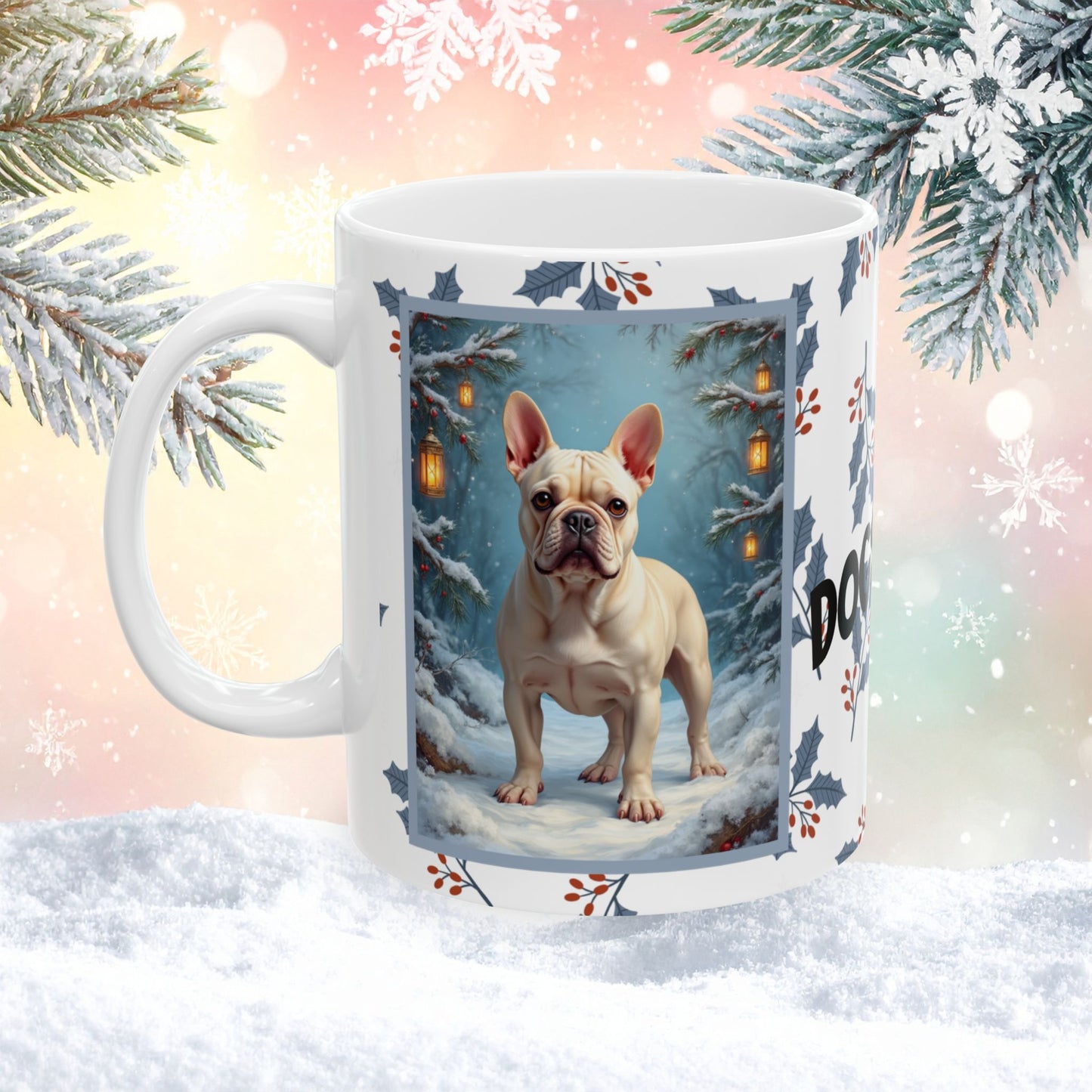 French Bulldog (Cream) Winter Mug - cream French Bulldog artwork standing in a bright winter setting with soft snowy details