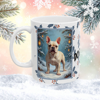 French Bulldog (Cream) Winter Mug - cream French Bulldog artwork standing in a bright winter setting with soft snowy details