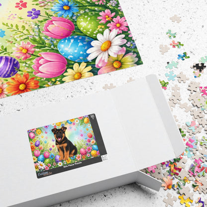 German Shepherd (Black & Red) Easter Puppy Puzzle - Spring Garden with Eggs, Tulips, and Daisies