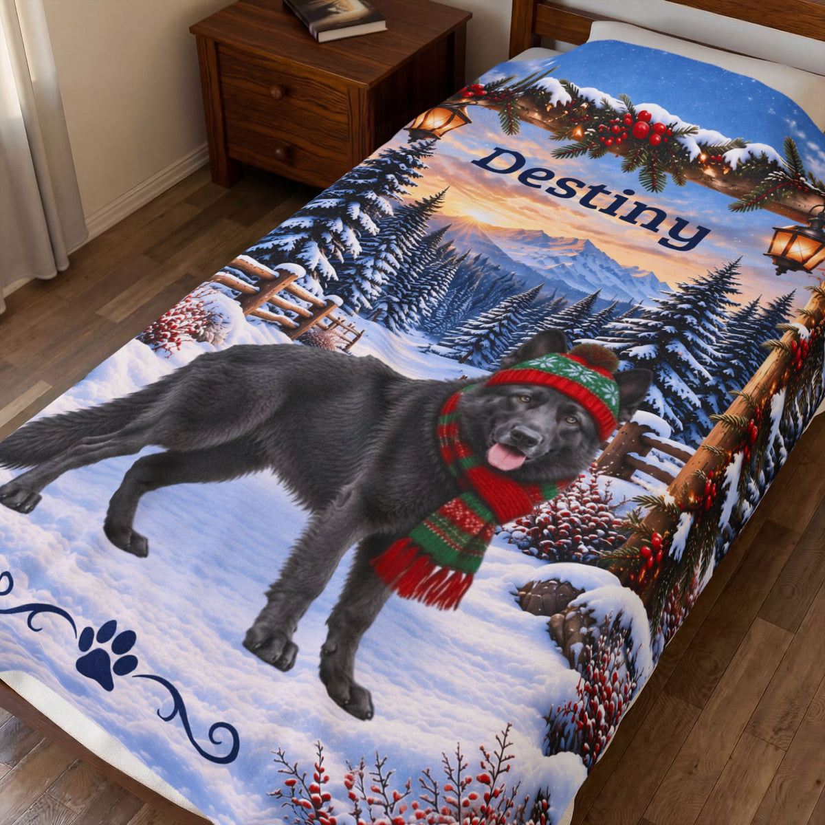 German Shepherd (Blue Steel Coat) - Personalized Winter Forest Blanket, Custom Name Velveteen Throw - MySisterIsAsurvor