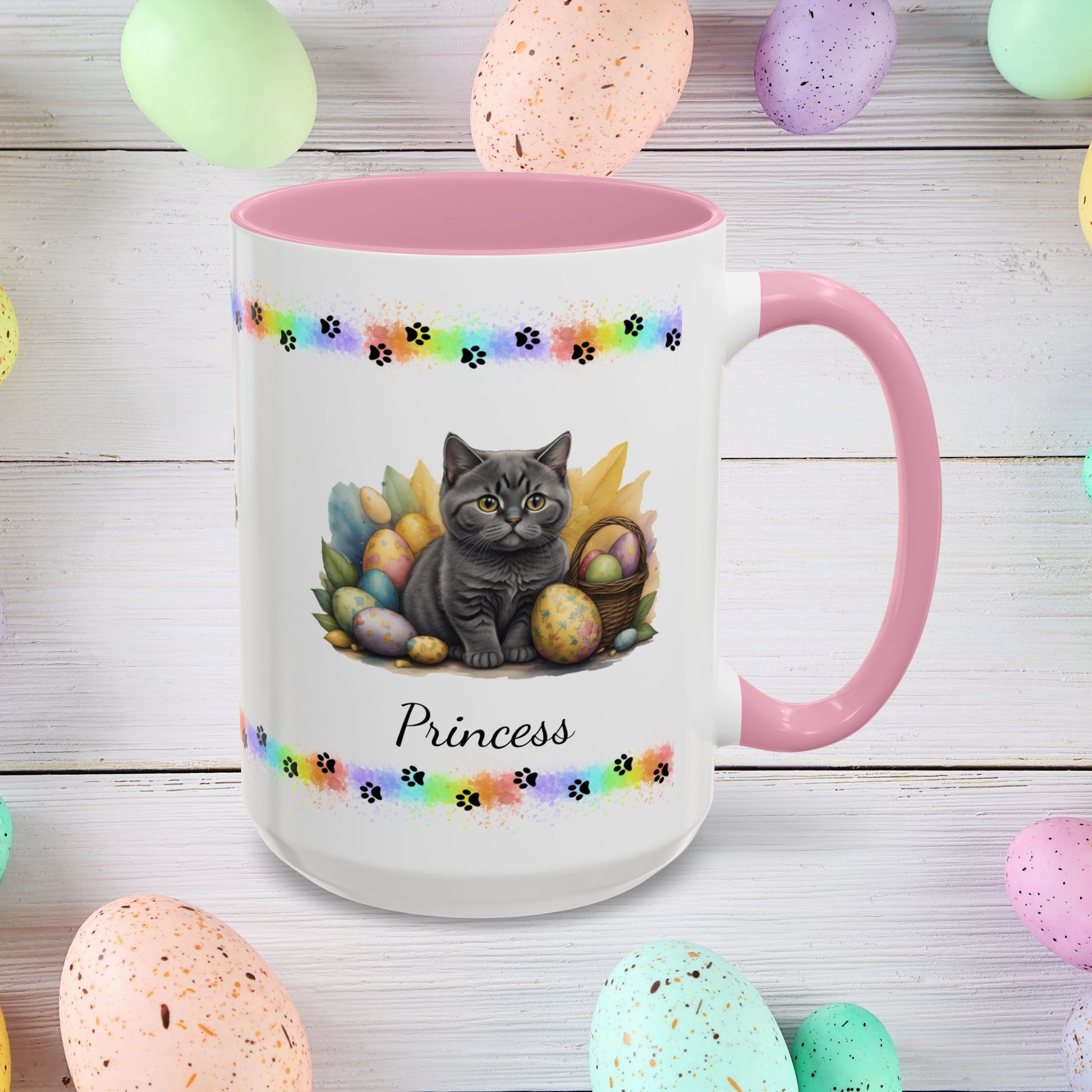 British Shorthair: Personalized Easter Kitten Coffee Mug - Adorable Cat Design, Mental Health Gift, 11oz & 15oz, 12 Color Choices, Easter Gifts & Décor