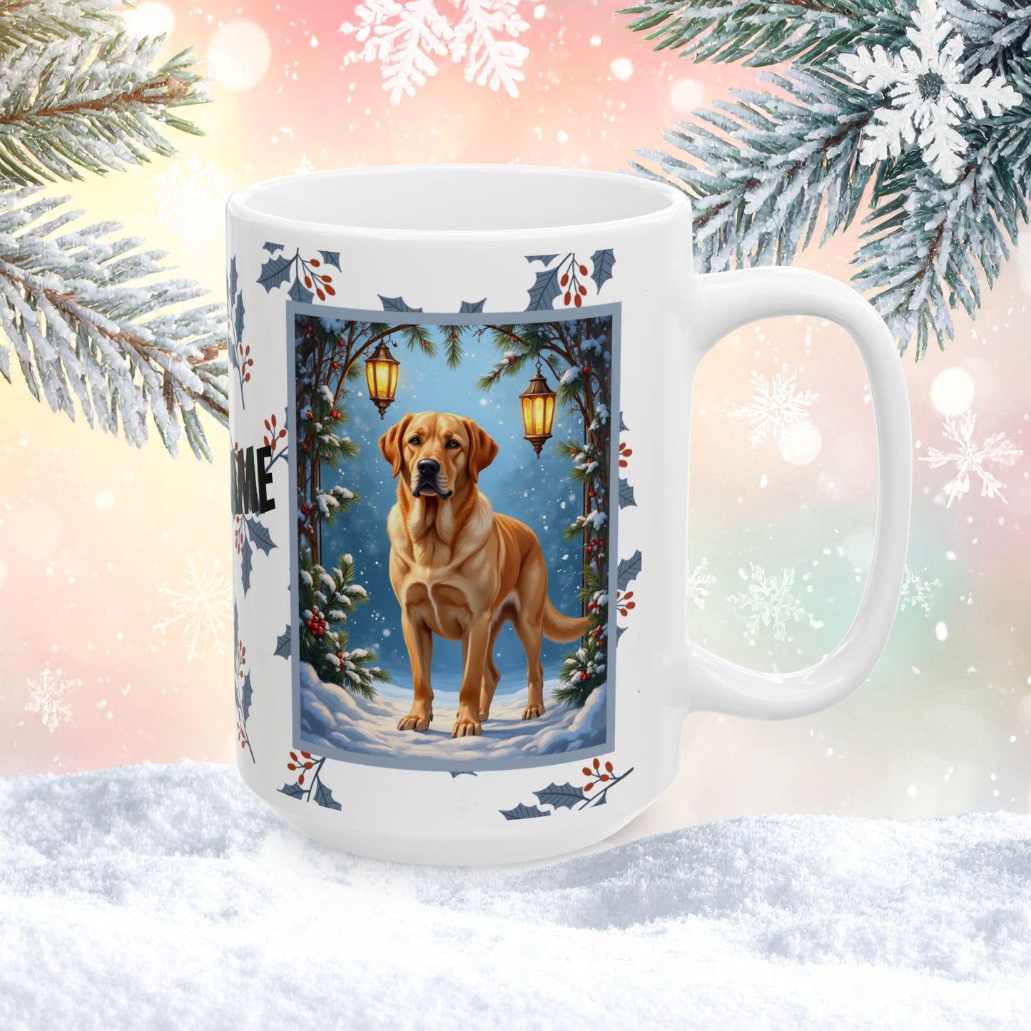 Labrador Retriever (Yellow) Winter Mug - yellow lab illustrated standing in a bright winter setting with snow