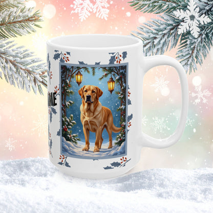 Labrador Retriever (Yellow) Winter Mug - yellow lab illustrated standing in a bright winter setting with snow