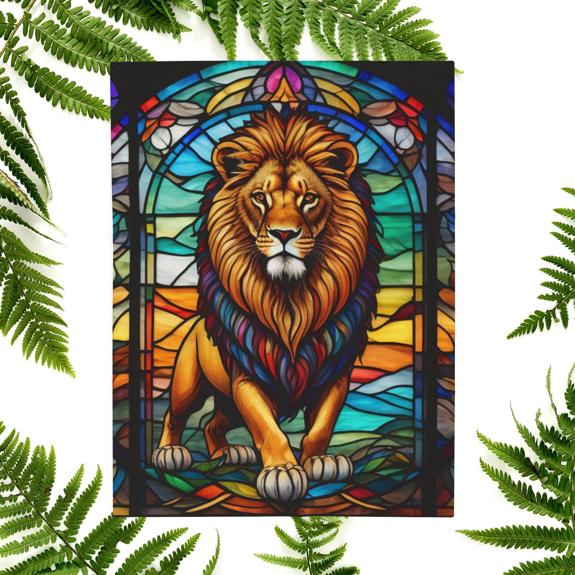 A bold lion blanket in stained glass design, combining wildlife strength with soft serenity.