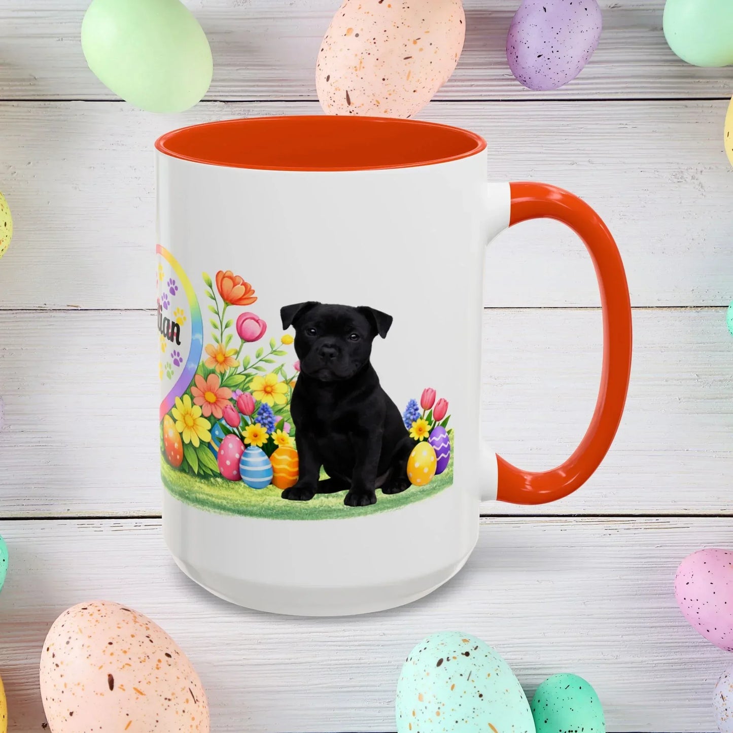 Shop our pitbull black puppy easter mug featuring the 15oz style option from MySisterIsASurvivor.
