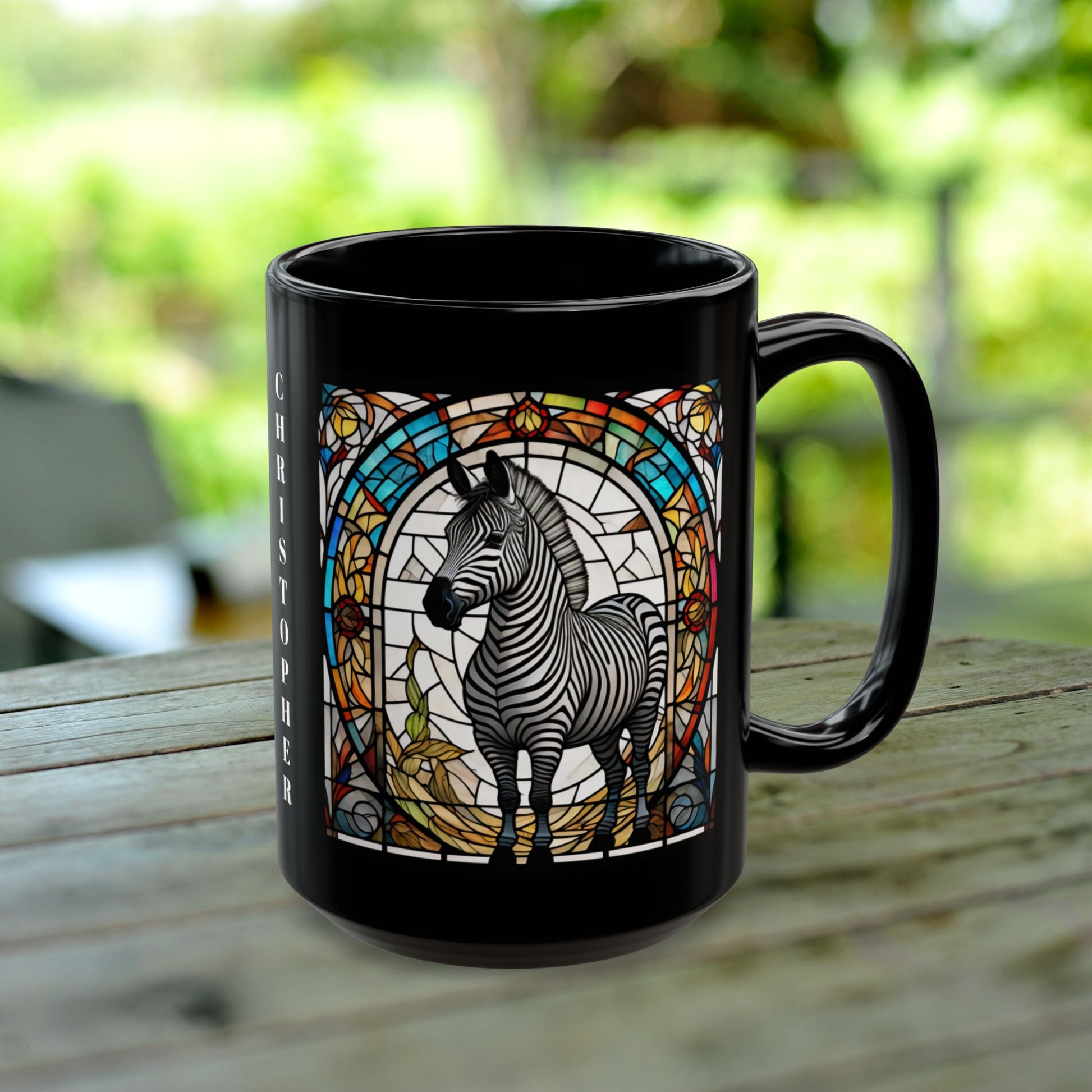 Zebra personalized mug with stained glass zoo animal design, black ceramic wildlife coffee cup.