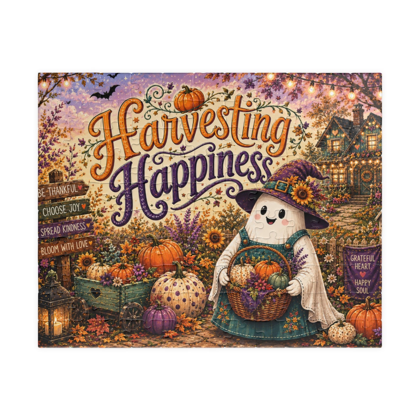 Harvesting Happiness Halloween Puzzle - Witch Ghost with Harvest Basket, Sunflowers, and Pumpkins