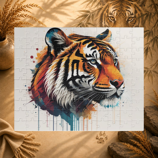 Jigsaw puzzle with a colorful tiger design on a white background