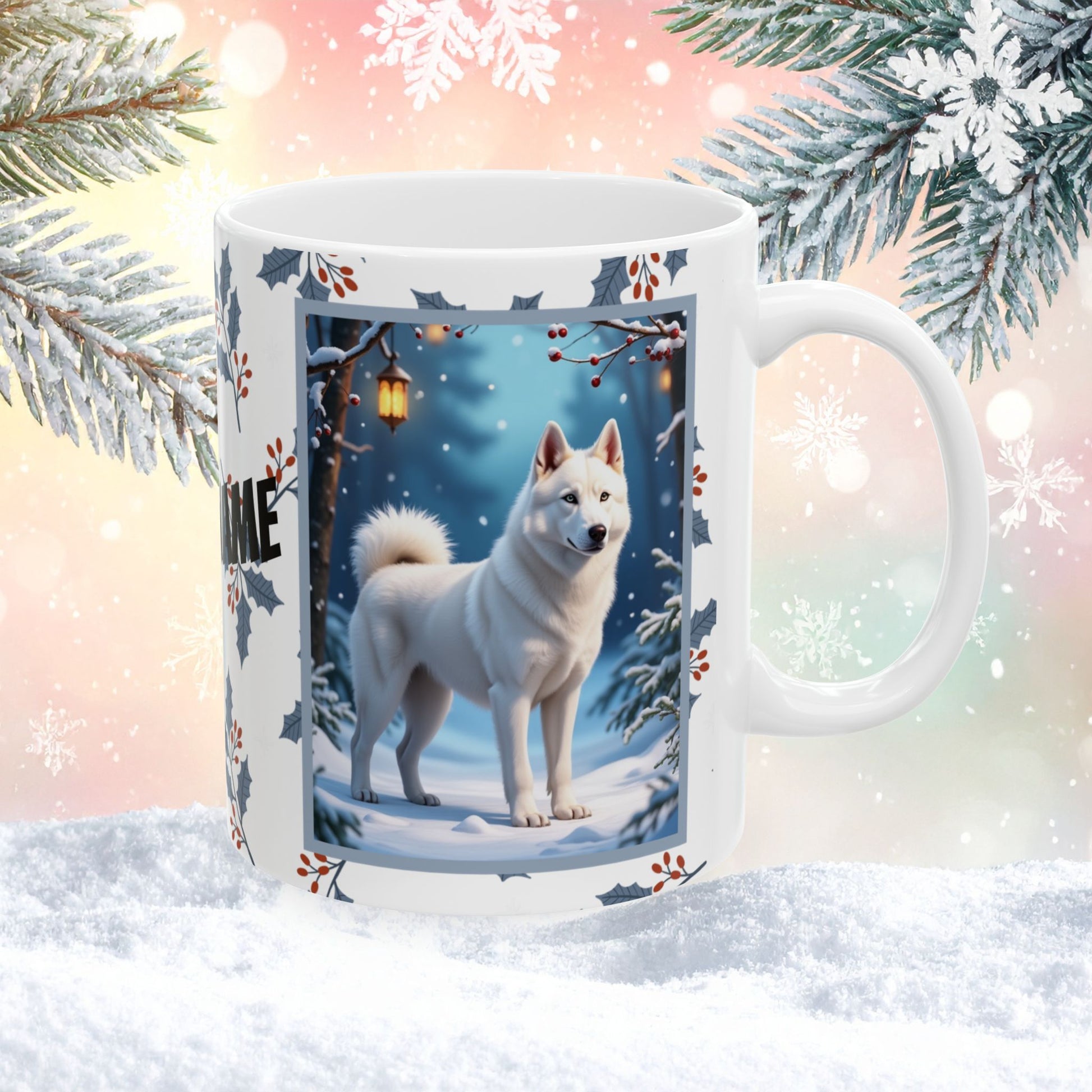 Husky (White) Winter Mug - white husky illustrated standing in a peaceful winter scene with snowy landscape