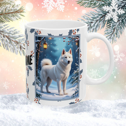 Husky (White) Winter Mug - white husky illustrated standing in a peaceful winter scene with snowy landscape