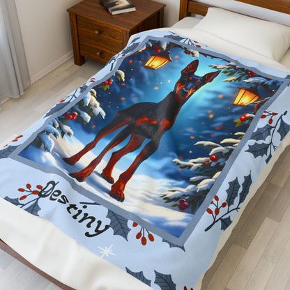 Doberman Black and Rust custom winter blanket featuring a sleek Doberman illustration in a cozy lodge-style winter scene