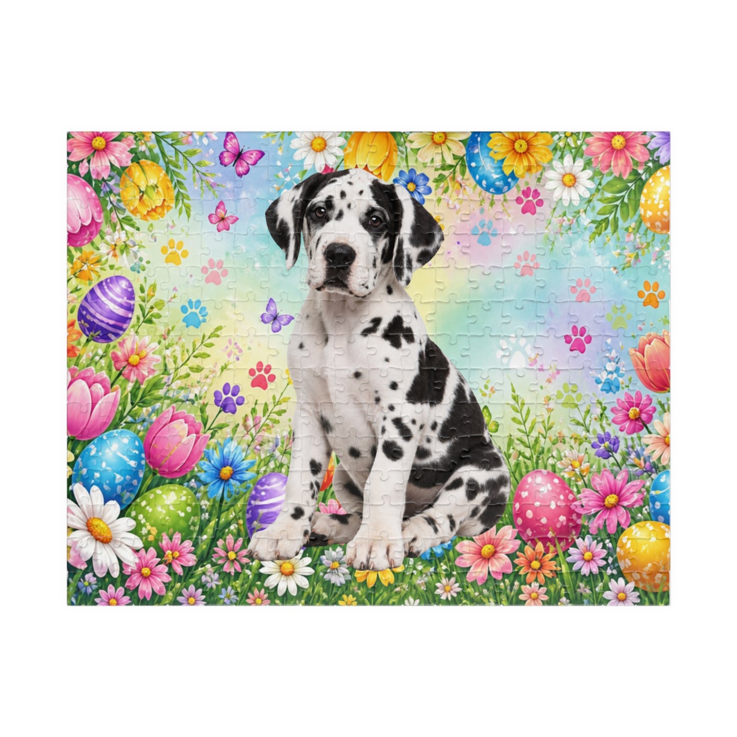 Great Dane (Harlequin) Easter Puppy Puzzle - Spring Garden with Eggs, Tulips, and Daisies