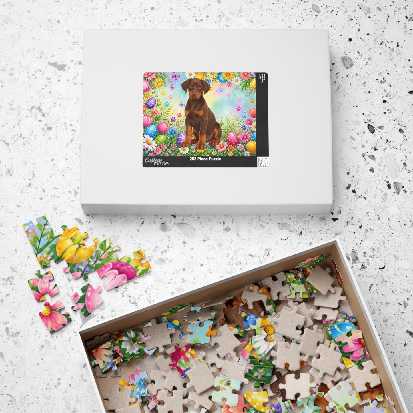 Doberman (Red & Rust) Easter Puppy Puzzle - Spring Garden with Eggs, Tulips, and Daisies