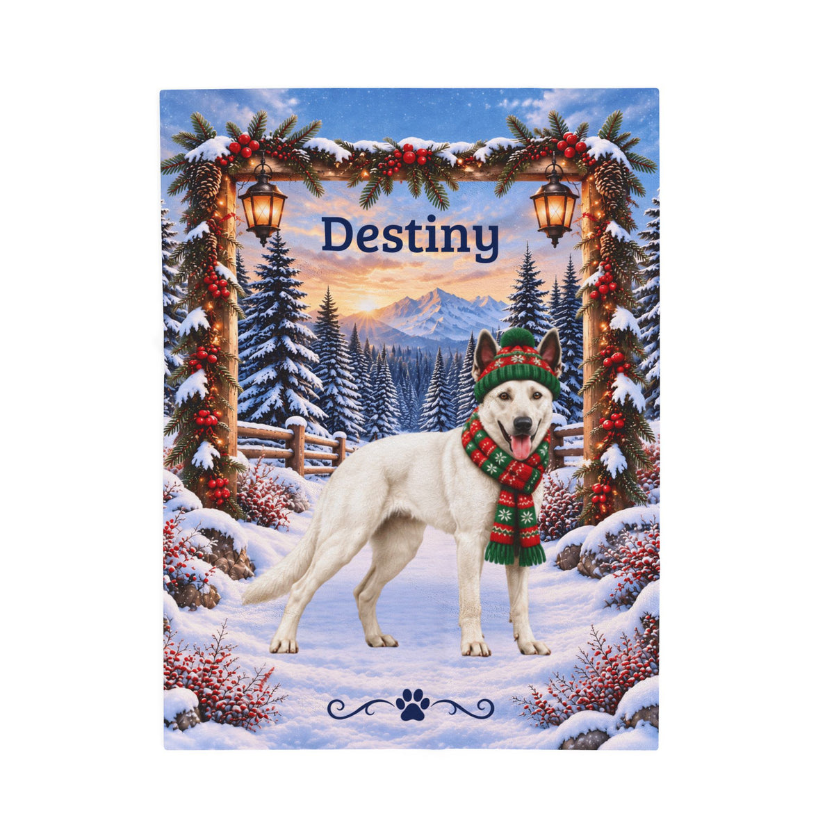Belgian Malinois (White Coat) - Custom Pet Name Velveteen Blanket, Snowy Forest Gift for Mali Lovers